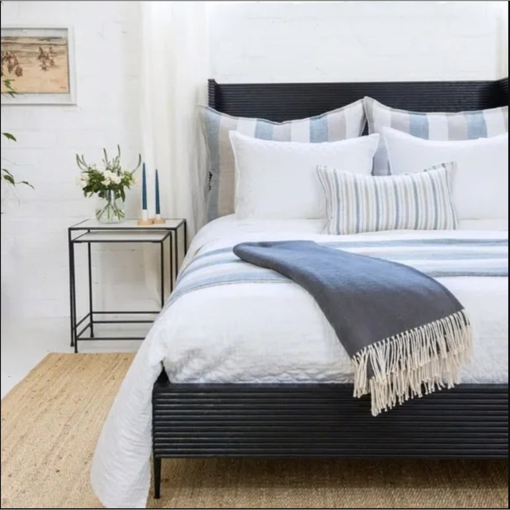Pom Pom at Home Throw Blanket Blue 100% Cotton Fringe Farmhouse Coastal Nautical